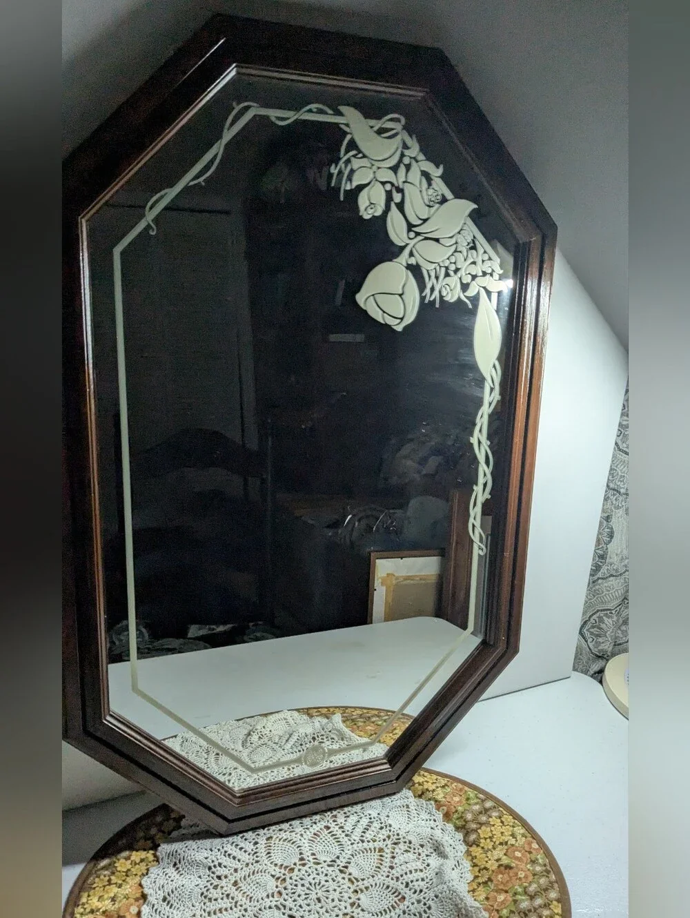 Vintage Octagonal Wall Mirror in Dark Brown with Etched Floral Design